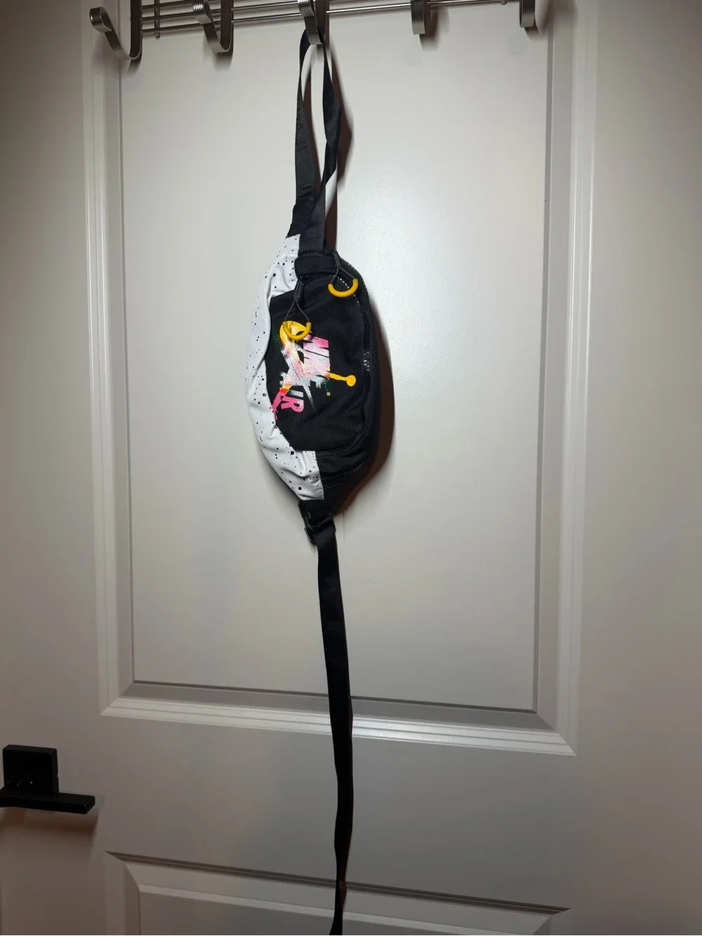 Black and White Graphic Sling Bag with Yellow Accent